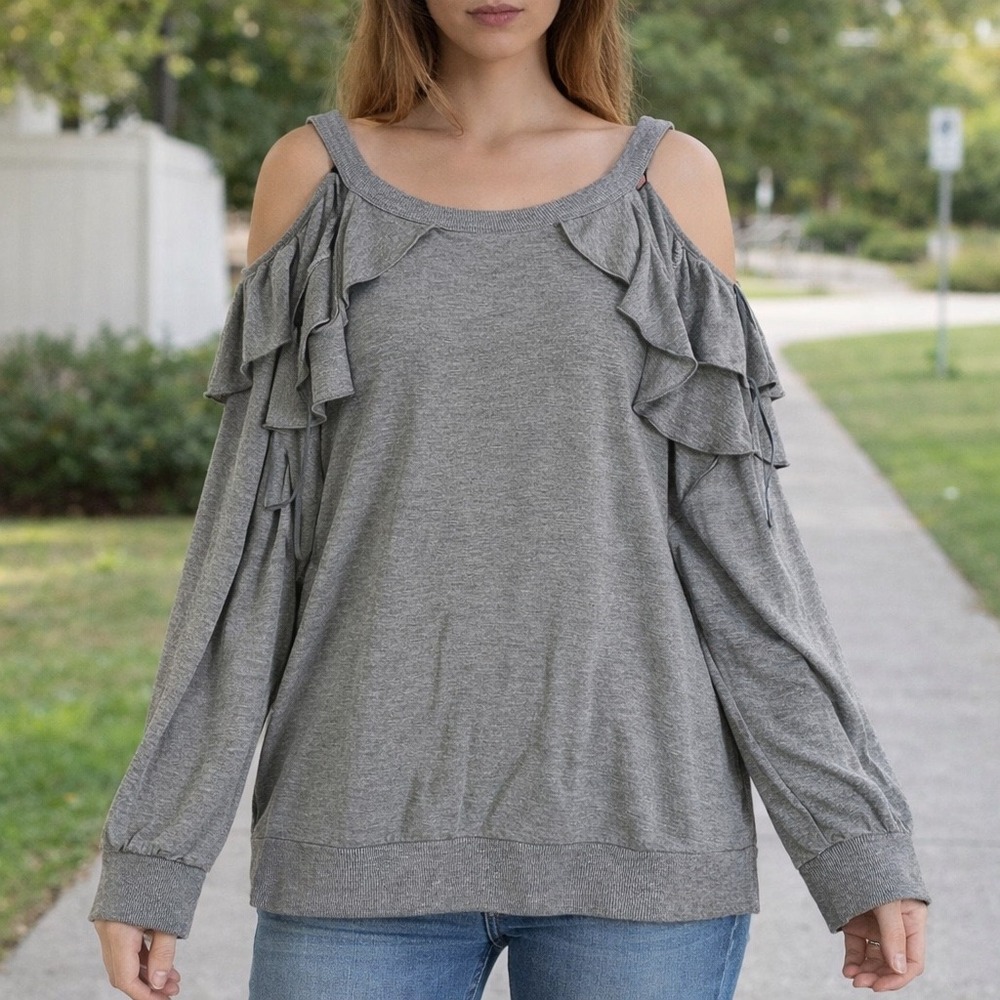 Express One Eleven Gray Cold Shoulder Ruffle Long Sleeve Top Medium